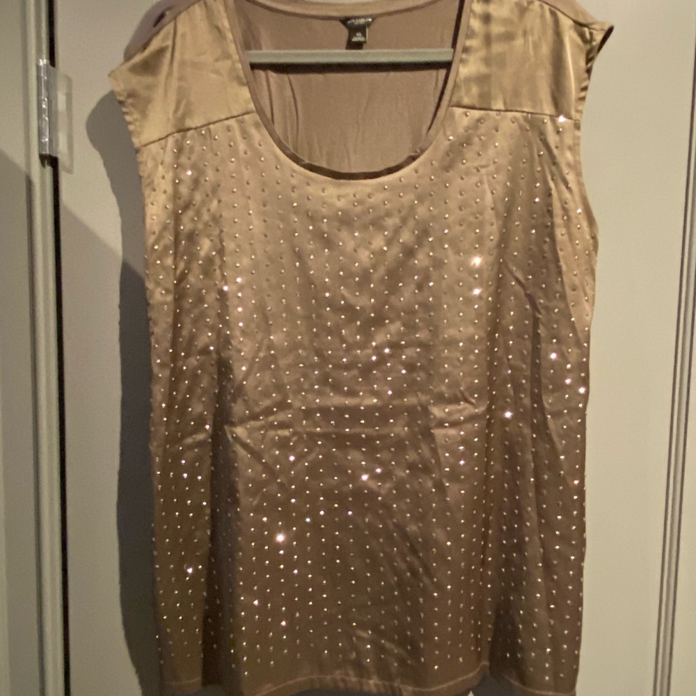 Size XL cap sleeved blouse with gunmetal metallic accents.